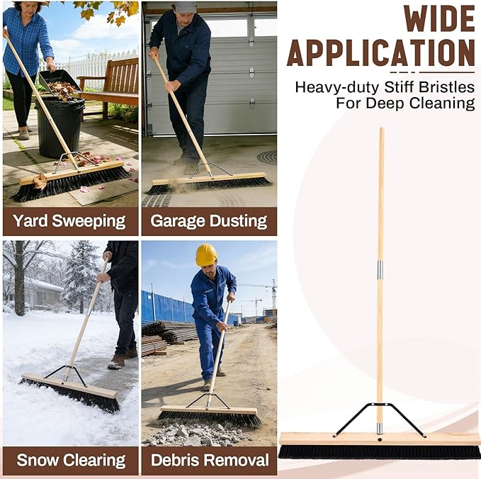 36 Inch Push Broom Indoor Outdoor Use Heavy Duty Floor Sweep Brush with 60 Inch Wood Handle Stiff Bristles for Concrete Garage Driveway Cleaning Snow Leaves Debris