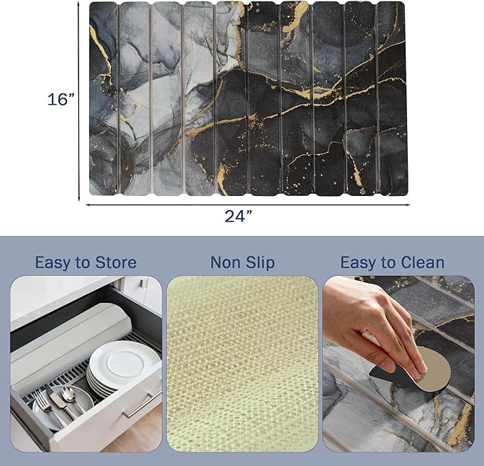 Large Stone Drying Mat for Kitchen Counter 24×16 Black Marble Quick Dish Drying Mat with Sanding Pads Non-Slip Roll Up Absorbent Diatomaceous Earth Mat for Dishes Bottles Cups