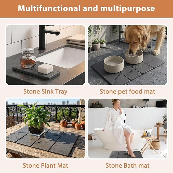 Large Stone Dish Drying Mat for Kitchen Counter 2 PCS Quick Dry Diatomaceous Earth Dish Mat Set – Foldable Water Absorbing Kitchen Accessories for Countertop(Dark Gray 24x16&amp8x4)