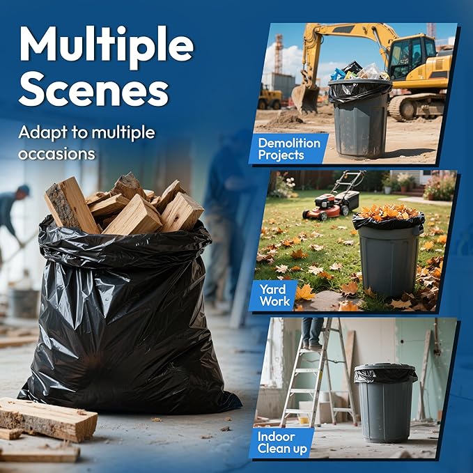 Heavy Duty Contractor Trash Bags 55 Gallon 30 Count 1.2 Mil Strong Black Garbage Bags Leakproof Star Seal for Construction Yard Demolition Debris