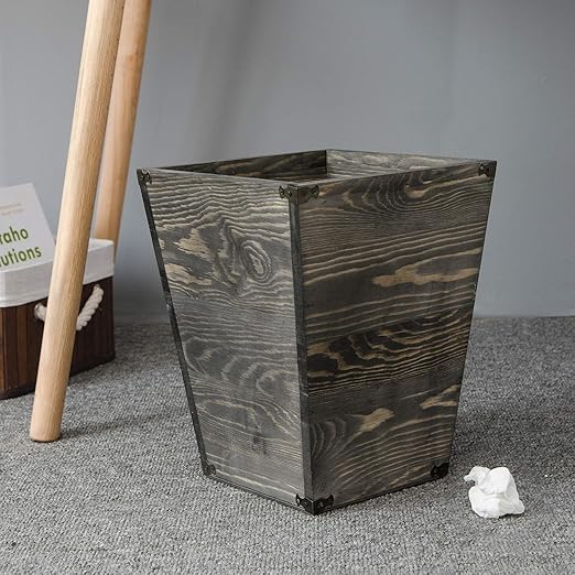 VERGOODR Farmhouse Style Wooden Square Trash Can with Decorative Metal Brackets for BedroomLiving Room Bathroom &amp OfficeWaste Bin Wastebaskets Trash bin (Rock Grey)
