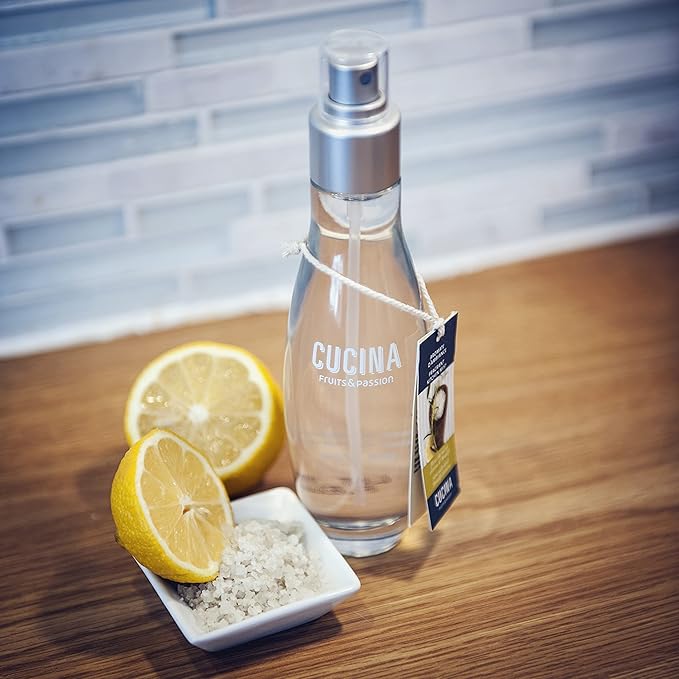 Fruits &amp Passion Cucina Fragrant Kitchen Mist – Sea Salt &amp Amalfi Lemon Home &amp Kitchen Air Freshener Spray in Decorative Glass Bottle Clean Citrus &amp Mineral Scent 3.3 fl oz (100 ml)