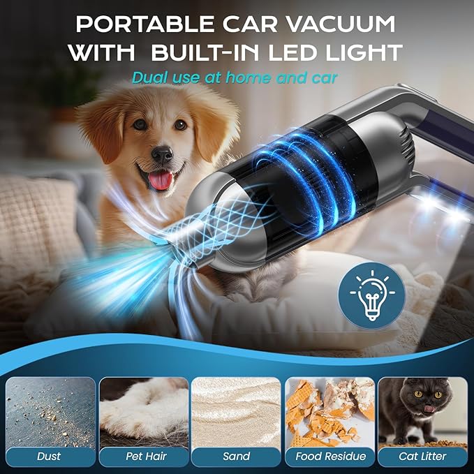 Cordless Handheld Vacuum Portable Car Vacuum with LED LightRechargeable Small Vacuum Cleaner with Powerful SuctionLightweight Vacuum Cleaner for Car Home Office Pet HairGrey
