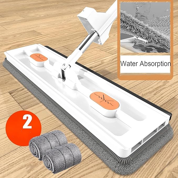 Large Flat Mop 2023 Large 16’’ Flat Mop Wet and Dry Use360° Freely Rotating Head Self-Contained Dewatering Scraper with 2/4 Microfiber Pads 12027(White4Pcs)