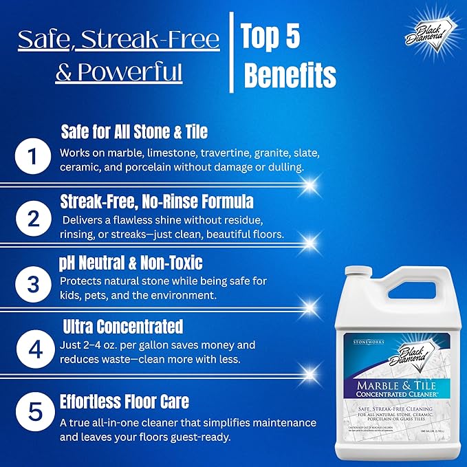 Black Diamond Stoneworks Marble &amp Tile Cleaner Gallon + Ultimate Grout Cleaner with Brush Quart (2-Pack) – Safe for Natural Stone Deep Grout and Tile Cleaning to Restores Shine