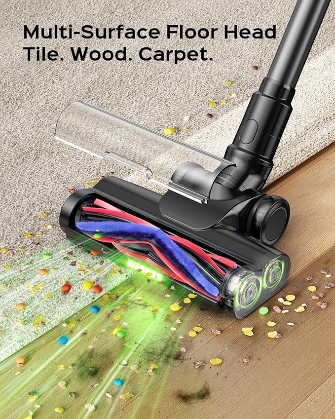 Cordless Stick Vacuum Cleaner – 3-in-1 Brush Roll for Hard Floors and Carpets 55 Min Runtime Rechargeable Lightweight Vacuum with Green LED Headlight for Pet Hair and Dust Cleaning