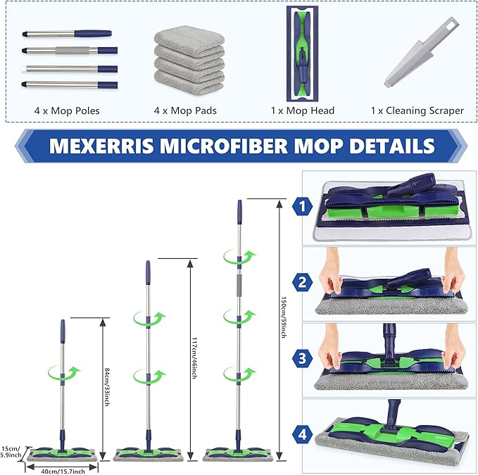 Microfiber Mops for Hardwood Floor Cleaning: MEXERRIS Flat Floor Mop with 4 Washable Pads 59 Adjustable Handle - Dust Dry Mops for Kitchen Bathroom Tile Laminate Wood Vinyl - Home Commercial Mop
