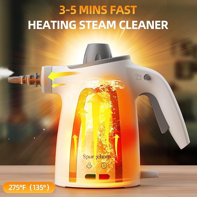 Spurgehom High-Pressure Steam Cleaner 1050W Fast Heating 11-in-1 Multi-Surface Steamer with Safety Lock &amp 8 Accessories – Dirty-Free for Floors Windows Cars