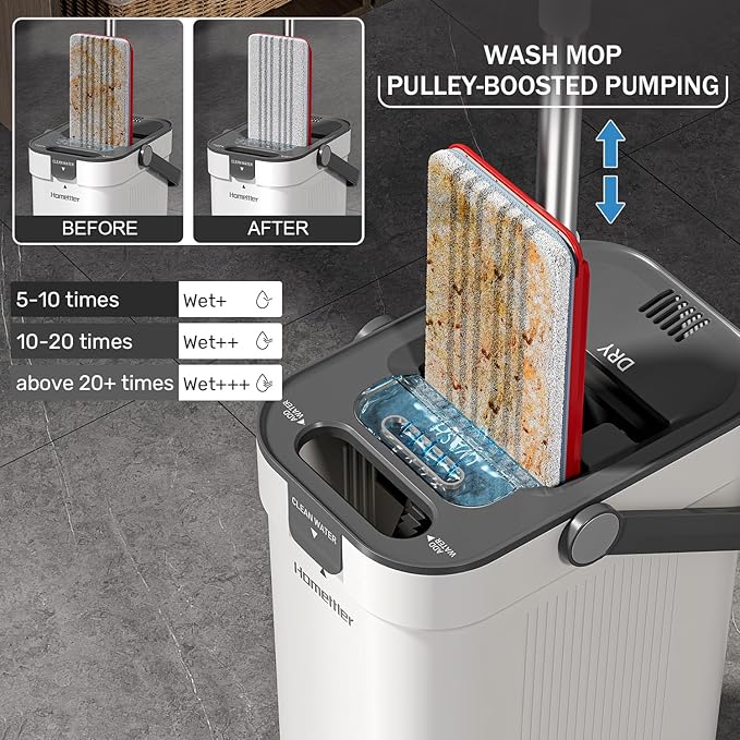 Mop and Bucket Set 3-Tank Flat Mop and Bucket System for Separate Dirty &amp Clean Water 65 Mops for Floor Cleaning with 4 Washable Pads Safe for Hardwood Vinyl Tile Baseboards Walls