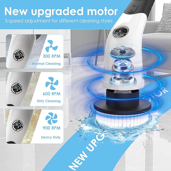 Electric Spin Scrubber Cordless Cleaning Brush with 180 Min Runtime 3-Speed 7 Replaceable Brush Heads &amp Long Detachable Handle LCD Display (RPM/Torque/Battery) for Bathroom Kitchen Tile
