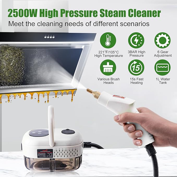 Handheld Steam CleanerSteam Cleaner with Smart Touch Screen High Pressure Steamer15sec Heat-up Deep Cleaning Steamer(White) for KitchenBathroomFurnitureCarGroutTile and More