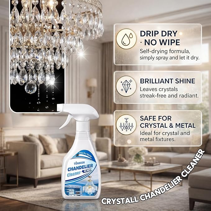 Crystall Chandelier Cleaner Drip Dry Spray - No Wipe Streak Free Dust Remover for Crystals Glass &amp Window Screens1PK