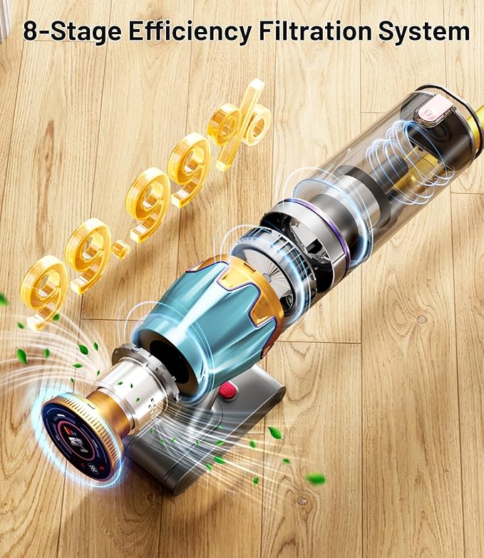 Cordless Vacuum Cleaner 45Kpa/550W Stick Vacuum with Touch Screen Max 65Mins Vacuum Cleaners for Home Upgraded Green Light &amp Anti-Tangle Wireless Vacuum for Pet Hair/Carpet/Hardwood Floor