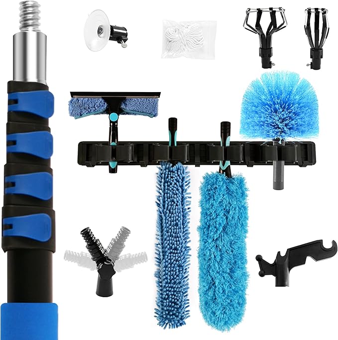 Duster with Extension Pole (20 FT Reach) Light Bulb Changer for High Ceilings &amp 3-12FT Extension Pole Duster Cleaning Kit Fan Duster/Cobweb Duster/Window Washing Kit for High Window Interior Ro