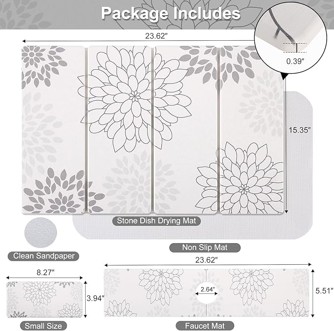 Stone Drying Mat for Kitchen Counter 3-Pack Soft Diatomaceous Earth Absorbent Mat Set Quick Dry Stone Faucet Splash Guard &amp Small Drying Pad Foldable Diatomite Stone for Pet Plant &amp Bath