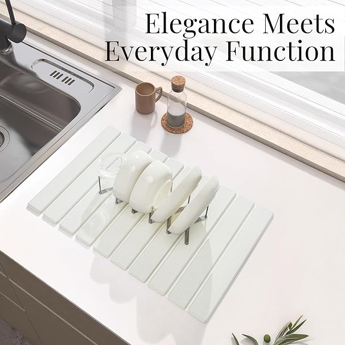 Diatomaceous Stone Dish Drying Mat with Collapsible Steel Rack - Quick Dry Kitchen Counter Set Space Saving Foldable Dryer
