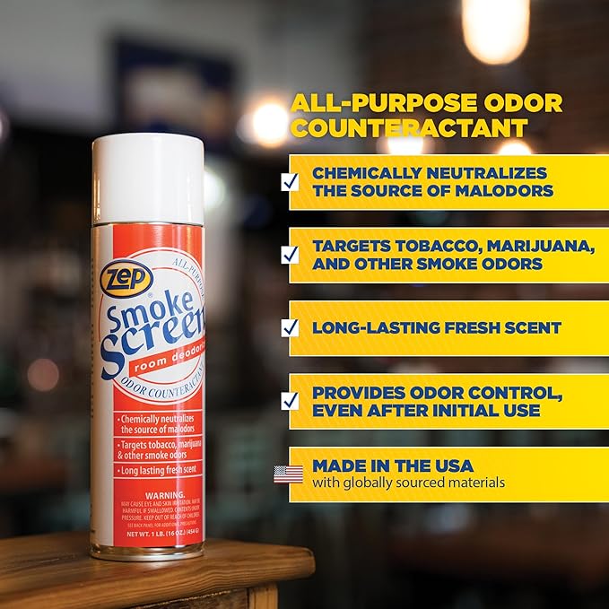 Zep Smoke Screen Deodorizer Spray 16 Oz Aerosol 18701 (Case of 12) eliminates all types of odors produced by cigars cigarettes pipes food and cooking body wastes garbage animals and fire