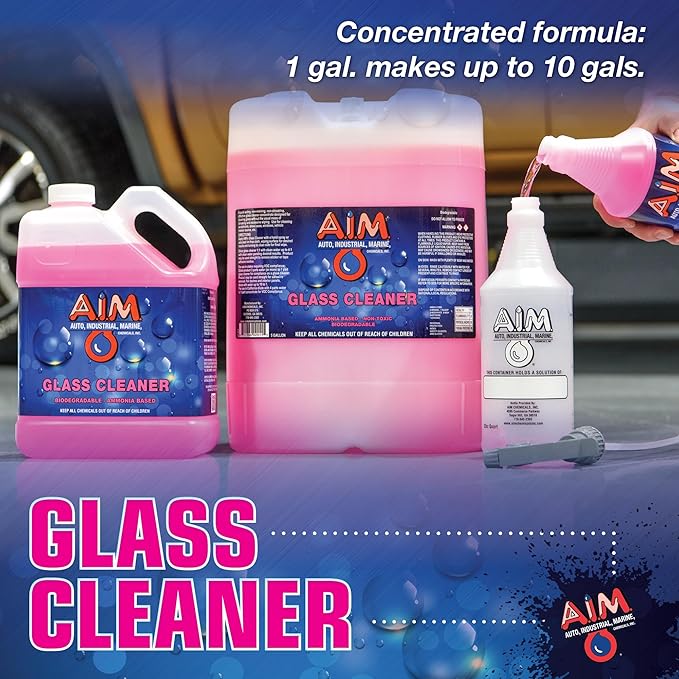 AIM Chemicals Ammoniated Glass Cleaner Concentrate - Streak-Free Shine for Windows Cars Homes Offices - Dilutes 10:1 - Removes Dirt Grime Fingerprints - Ideal for Glass Spray Bottles - Gal