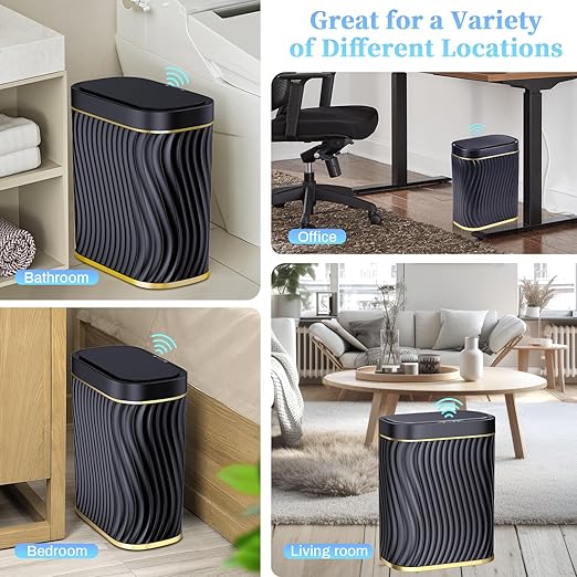 steo spce Automatic Motion Sensor Bathroom Small Trash Can with Lid 2.6 Gallon Black Touchless Slim Garbage Can Smart Waterproof Trash Bin for Bedroom Restroom Living Room Office