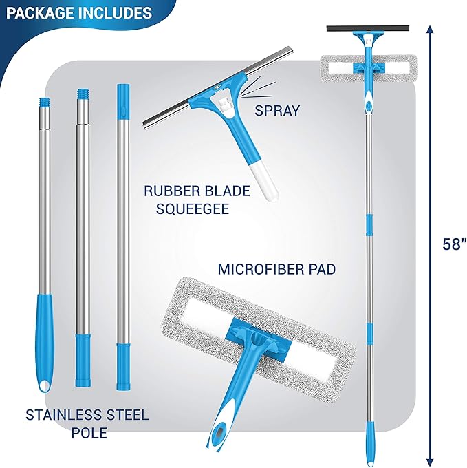 SCRUBIT Extendable Squeegee Window Cleaner- Window Cleaning Tool with Microfiber Scrubber &amp Spray Head - 58 Long Extension Pole for High Windows and Outdoor Glass Washing - Shower Cleaning Kit