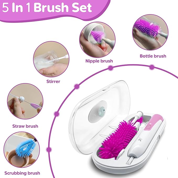 Baby Electric Bottle Brush Cleaner for New Parents Rechargeable 360° Rotation Bottle Cleaner Set Travel Bottle Cleaner Kit with Nipple Straw Brush and Milk Frother for New Baby Shower