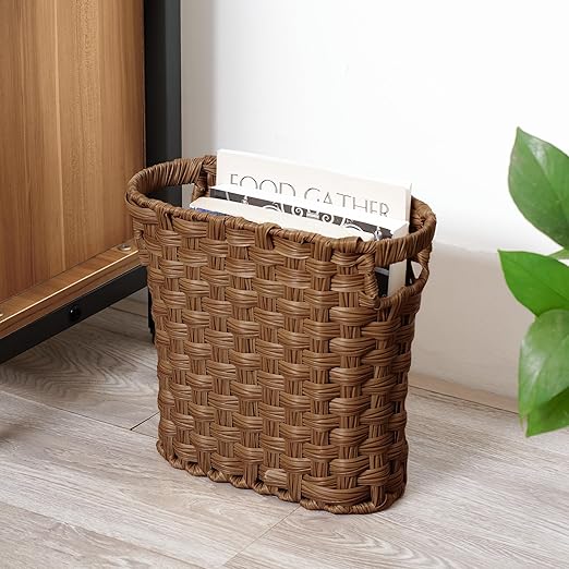 Brown Wicker Waste Basket with Built-in Handles - Multifunctional Mini Wicker Trash Can for Home and Office - Compact Design and Durable Construction with Fine Artisanal Craftsmanship