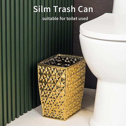 Ceramic Gold Square Garbage Can Kitchen Trash Cans - Wastebasket Garbage Container Bin for Bathroom Bedroom Kitchen Home Office and Kids Room Holds Waste