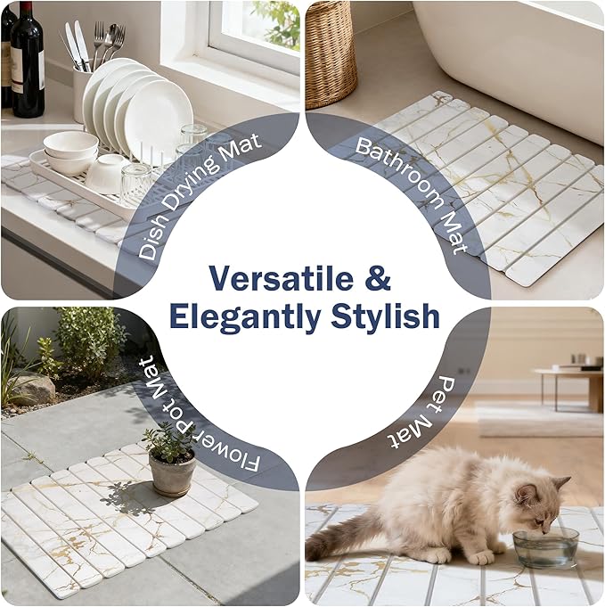 Stone Drying Mat for Kitchen Counter 24×16 White Marble Quick Dish Drying Mat with Sanding Pads Non-Slip Roll Up Absorbent Diatomaceous Earth Mat for Dishes Bottles Cups