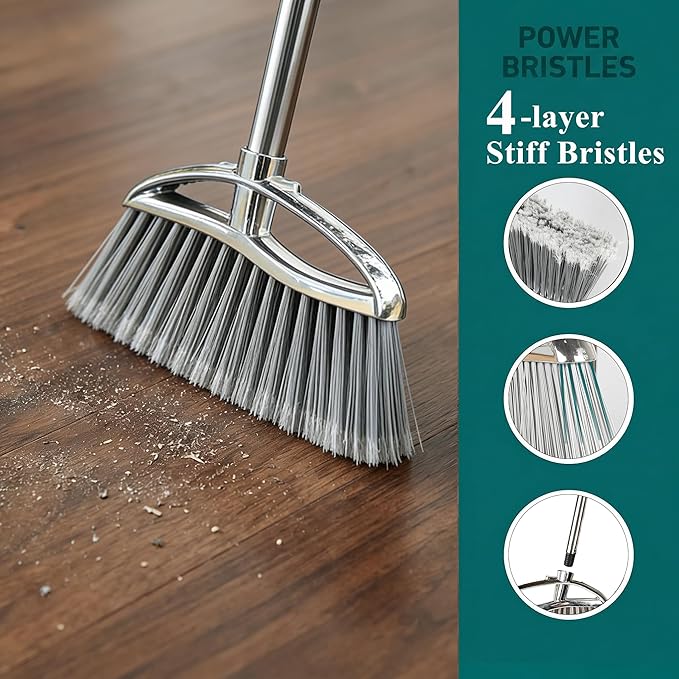 Metal Dustpan and Heavy Duty Broom Set Stand Up Dustpan with Outdoor Stiff Bristles Broom for Hardwood Patio Room Office Floor Sweeping