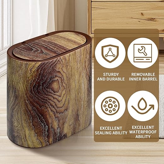 Bathroom Trash Can with Lid 3.7 Gal Plastic Marble Wood Pattern Small Office Trashcan Garbage Can for Bedroom Kitchen Slim Trash Bin Waste Basket Decorative Modern Trashcans