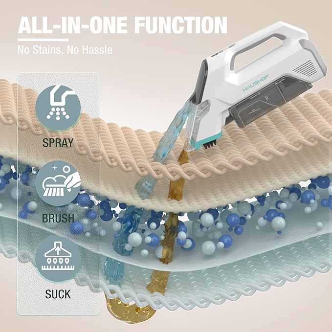 HAUSHOF Handheld Carpet Cleaner 12V Cordless Portable Carpet Cleaner 6.5KPa Spot Cleaner with 2 Water Tanks Type-C Charge Spot &amp Stain Cleaner Handheld Upholstery Cleaner for Stairs Car