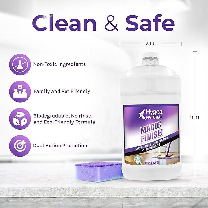 Hygea Natural Magic Finish Enzyme-Based Chemical-Free Floor Cleaner - No Rinse Biodegradable Formula - Removes Grease Buildup in Tile &amp Grout - for All Hard Floors (Concentrated Gallon)