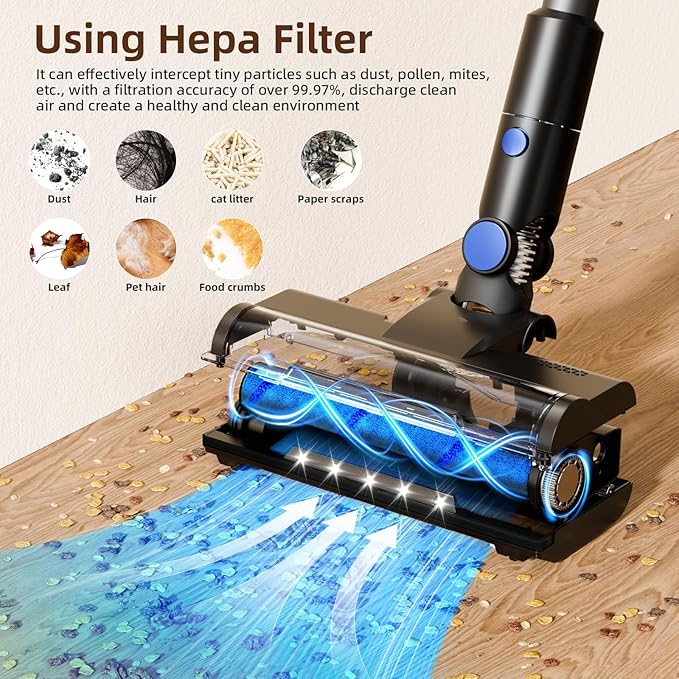 COWSAR Cordless Stick Vacuum Cleaner Bagless Lightweight Stick Vacuum for Carpet and Floor 8-in-1 Rechargeable Wireless Powerful Suction Vacuum Cleaner for Home Blue