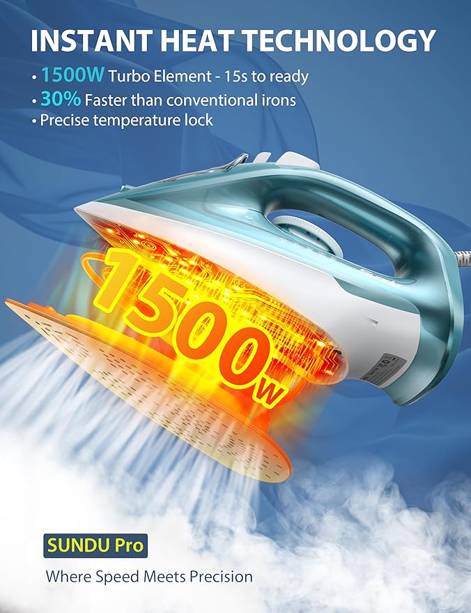 Sundu 1500W Self-Cleaning Iron for Clothes with Auto Shut-Off Ceramic Coated Soleplate and 12oz Water Tank Burst Steam for Fast Wrinkle Removal Precise Thermostat Green