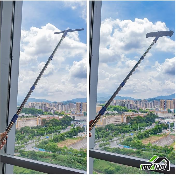 ITTAHO 81 Window Squeegee Cleaner Window Cleaning Tool Kit12 Squeegee and 11 Microfiber Scrubber Combi with Stainless Steel Pole for CarSliding DoorShower Glass Door-Swivel Style-2 Pads