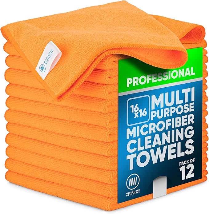 MW Pro Microfiber Cleaning Cloth | Orange | 12 Pack | 16” x 16” | All Purpose Microfiber Towels - Clean Dust Polish Scrub Absorbent