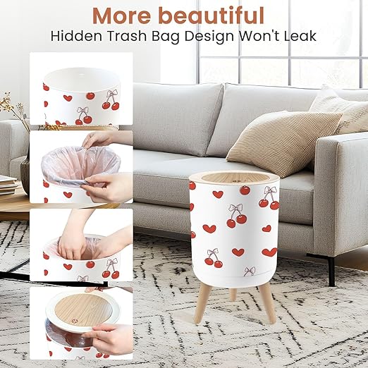 Bathroom Trash Can with Lid Draw Seamless red Cherry Bow Retro Valentine Day Fabric Print Doodle Garbage Bin Waste Basket for Kitchen Office Bedroom Decoration Diaper Pail 1.8 Gallon