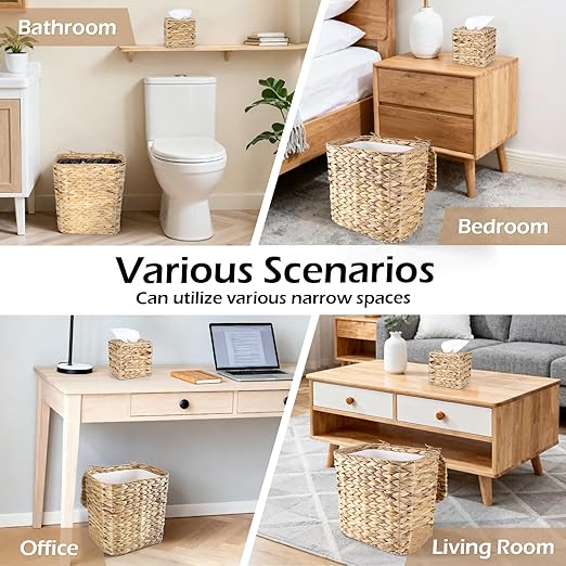 Wicker Trash Can and Handwoven Tissue Box Cover Set Rattan Waste Basket with Lid and Liner Boho Decorative Water Hyacinth Square Napkin Box Holder for Bathroom Bedroom Kitchen Living Room