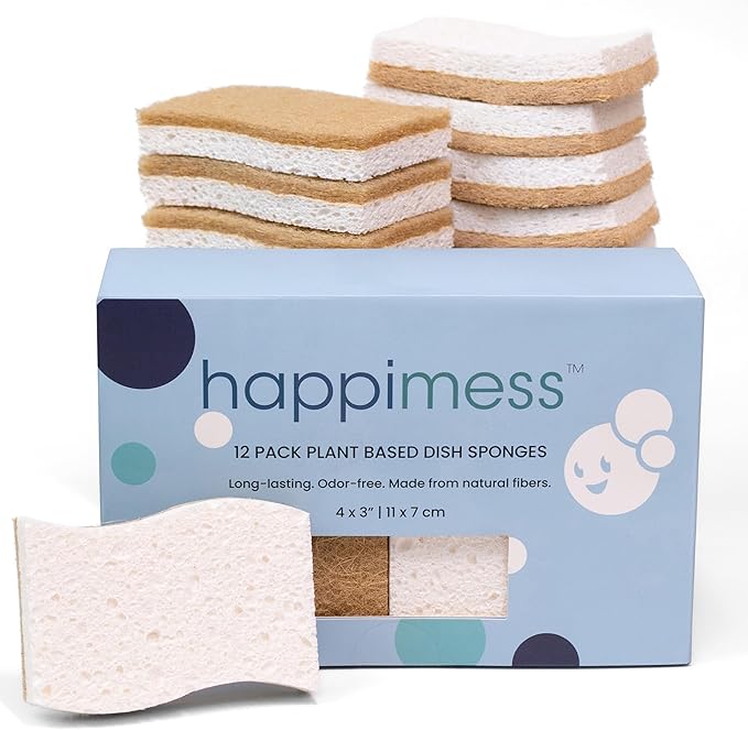 happimess WPE2000A-12SET Natural Plant Based Non-Scratch Sisal Hemp/Cellulose Scrubbing Dish Sponge Cleaning Sponge for Dishes Bathroom Household Beige/White (Set of 12)