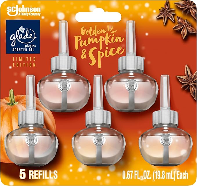 Glade PlugIns Refills Air Freshener Scented and Essential Oils for Home and Bathroom Golden Pumpkin &amp Spice 3.35 Fl Oz 5 Count