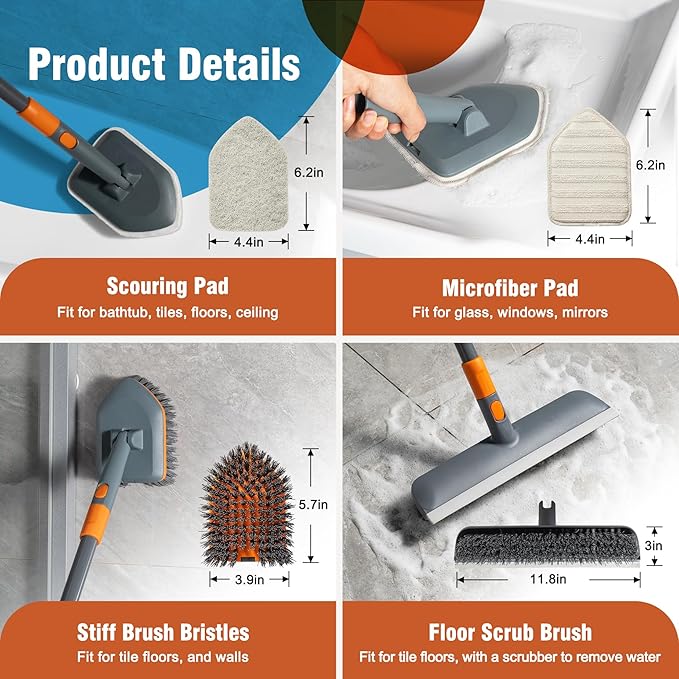 Floor Scrub Brush Tile Tub Scrubber Brush with 4 Different Cleaning Heads Shower Brush with 56” Extendable Long Handle Scrubbers for Cleaning Kitchen Bathroom Tub Tile Wall