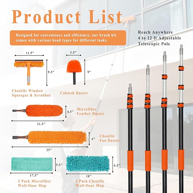 20ft High Ceiling Duster Kit with 4-12ft Heavy-Duty Extension Pole Cobweb Duster Ceiling Fan Duster Window Squeegee &amp Cleaner Microfiber Duster Wall Mop for Home High Reach Cleaning