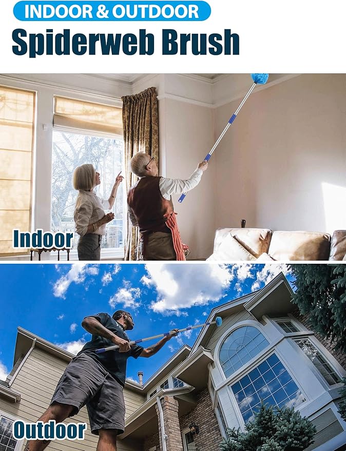 Cobweb Duster with Extension Pole 8 ft Spider Web Brush for Outdoor House Cleaning Cob Web Remover for High Ceilings Fans Medium-Stiff Bristles Round Head Steel Long Handle Lightweight Cleaner
