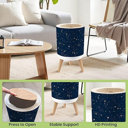Bathroom Trash Can with Lid Seamless Galaxy Blue Gold Constellations Stars Golden Space Garbage Bin Waste Basket for Kitchen Office Bedroom Decoration Diaper Pail 1.8 Gallon