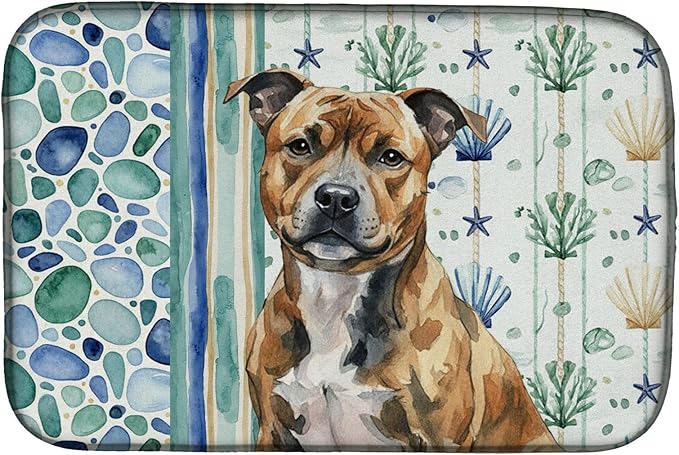 Caroline's Treasures Brindle Staffordshire Bull Terrier Coastal Sea Glass Dish Drying Mat Absorbent Dish Drying Mat Pad for Kitchen Counter Dish Drainer Mat for Countertop 14 x 21 Multicolor