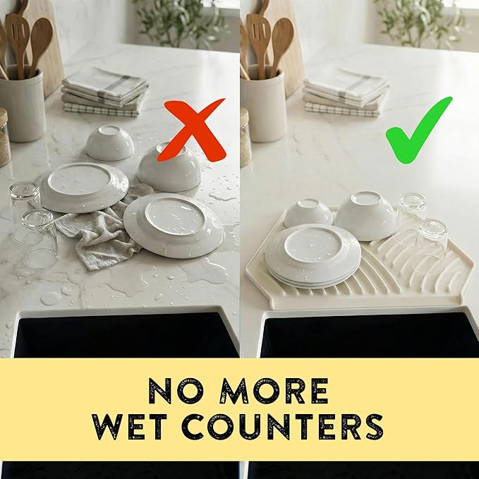 Silicone Dish Drying Mat with Drain Self-Draining Heat Resistant &amp Non-Slip Kitchen Counter Mat Easy to Clean Reusable 19.3'' x 13'' Greige