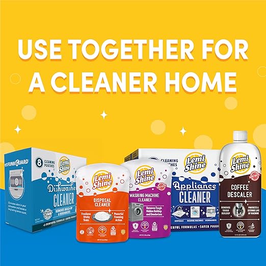 Lemi Shine Natural Dishwasher Cleaner - Hard Water Citric Acid Cleaning Powder - Lemon Scented Eco-Friendly Dishwasher Cleaner &amp Deodorizer - 14.08 oz (8 Pack)