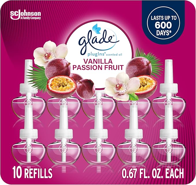 Glade PlugIns Refills Air Freshener Vanilla Passion Fruit Scented and Essential Oils for Home and Bathroom 0.67 Fl Oz 10 Count