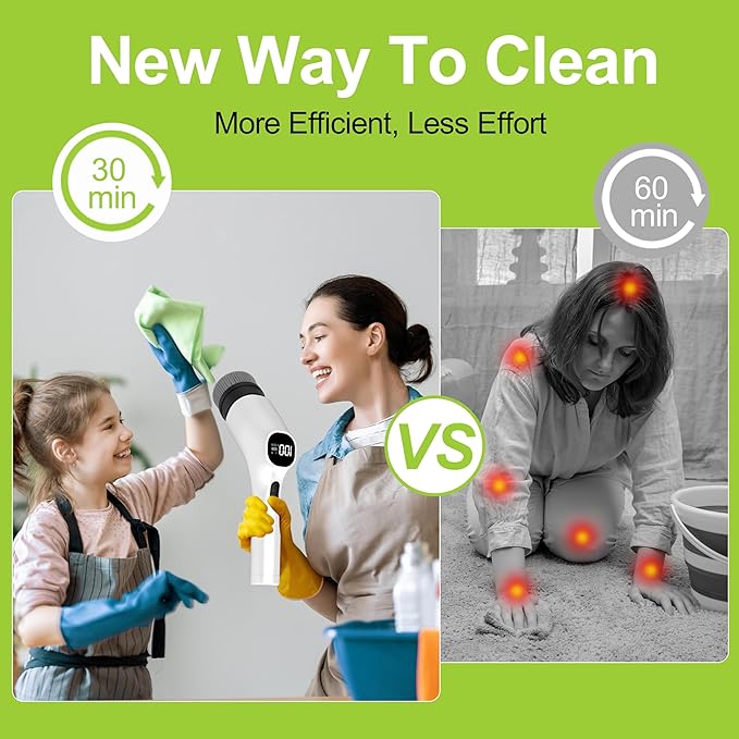 WKY-Electric Spin Scrubber - 10-in-1 Cordless Shower Scrubber &amp Cleaning Brush with Extendable Handle 2 Speeds IPX7 Waterproof Brush Heads LED Display Smart AI Chipfor Bathroom Kitchen White