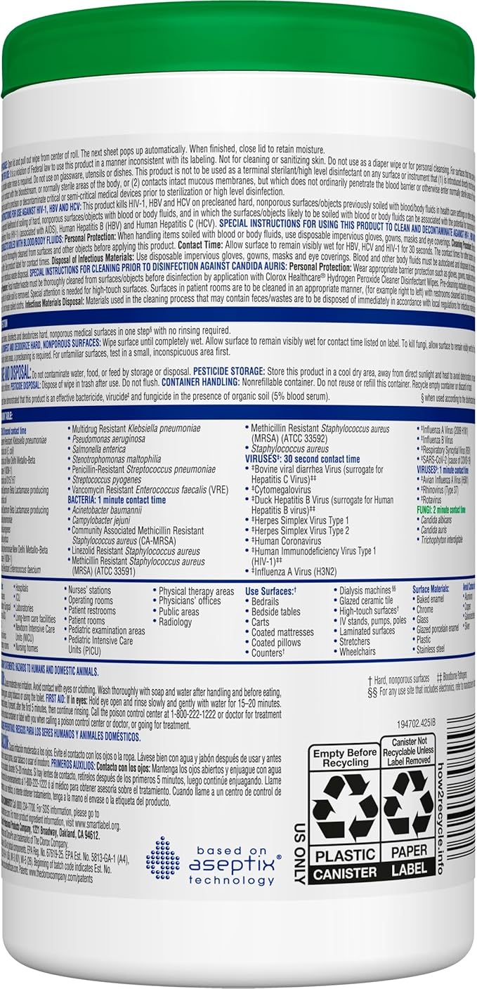 Clorox Healthcare Hydrogen Peroxide Cleaner Disinfectant Wipes 6.75 x 5.75 155 Count Pack of 6 (Package May Vary)